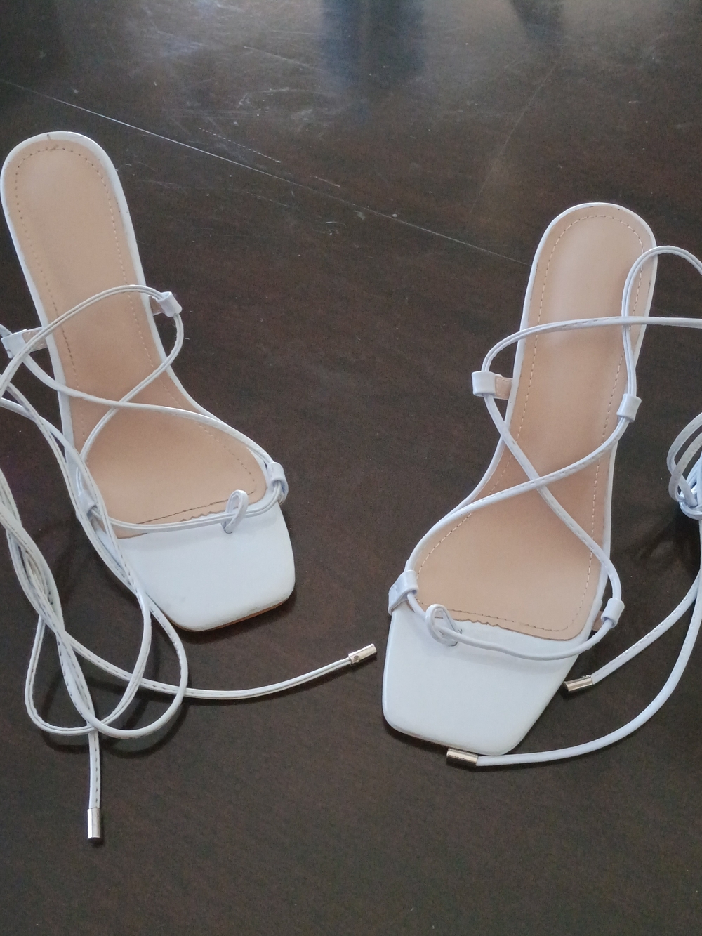 White Strappy Square-Toe Lace-Up Heeled Sandals - Women
